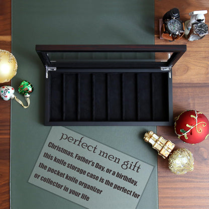 Knife Display Case for 8 Pocket Knives - Pocket Knife Case Storage Box for Men's Gift - Knife Cases for Collections with Ebony Finish and Glass Window Top