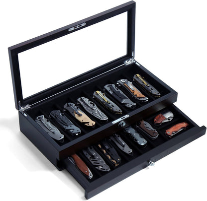 Knife Display Case for 8 Pocket Knives - Pocket Knife Case Storage Box for Men's Gift - Knife Cases for Collections with Ebony Finish and Glass Window Top