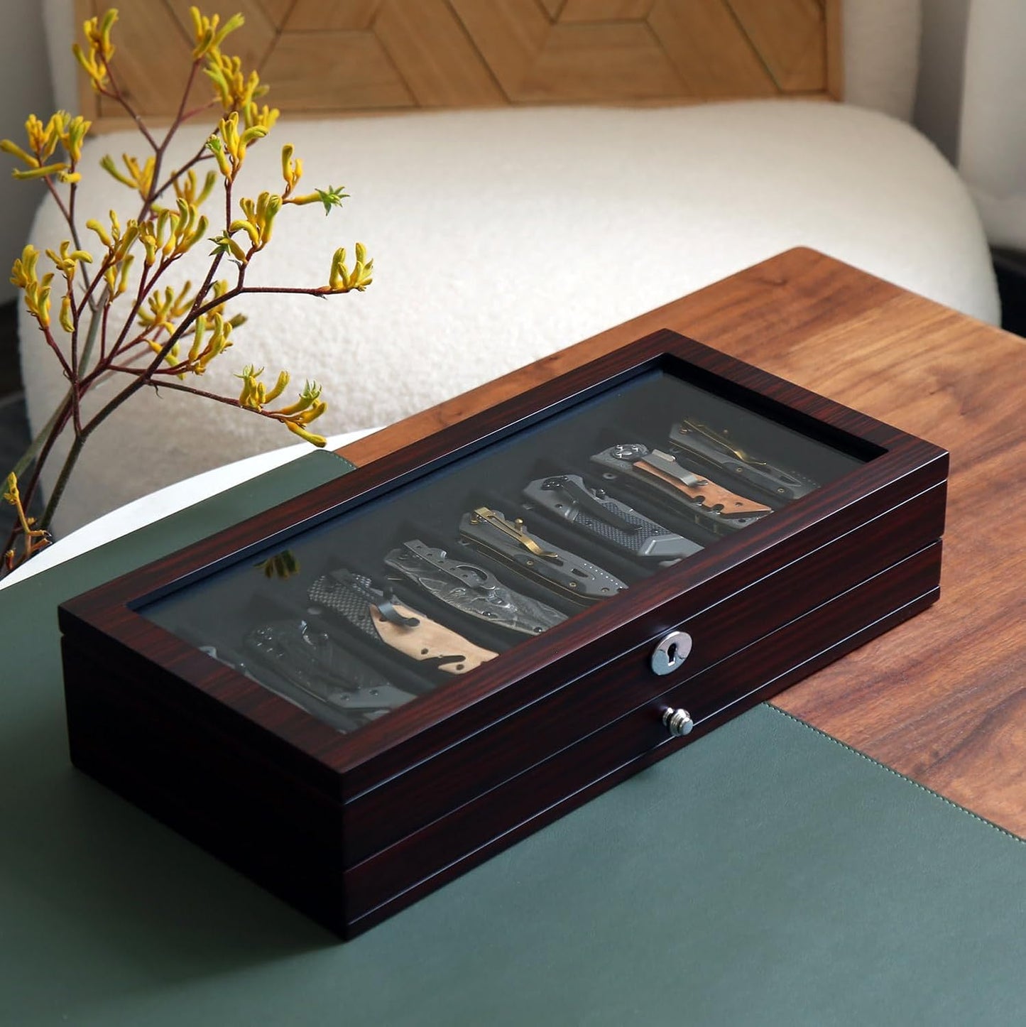 Knife Display Case for 8 Pocket Knives - Pocket Knife Case Storage Box for Men's Gift - Knife Cases for Collections with Ebony Finish and Glass Window Top