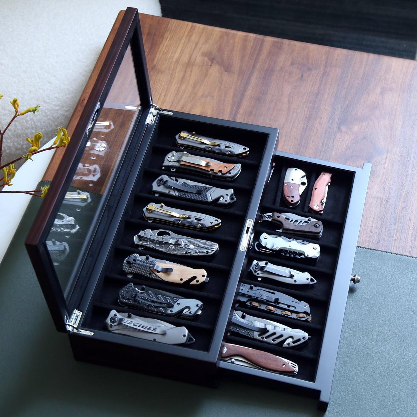 Knife Display Case for 8 Pocket Knives - Pocket Knife Case Storage Box for Men's Gift - Knife Cases for Collections with Ebony Finish and Glass Window Top