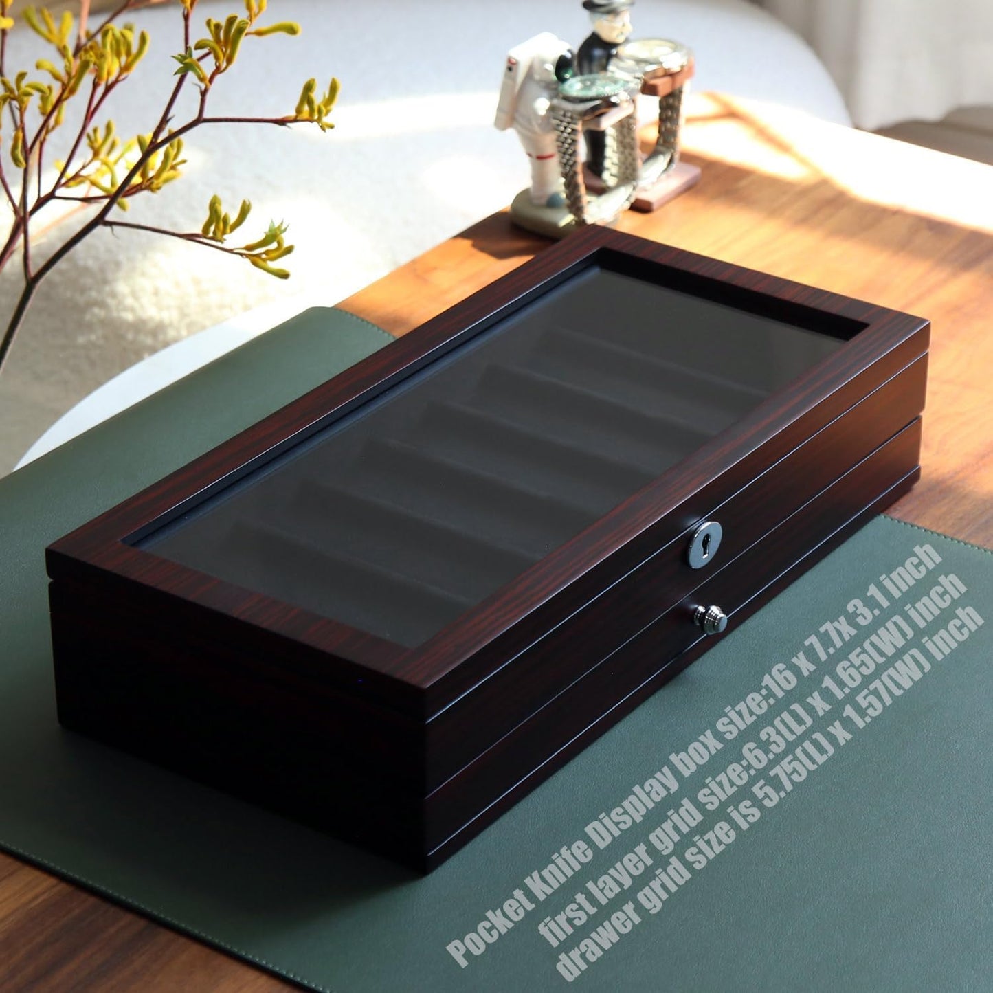 Knife Display Case for 8 Pocket Knives - Pocket Knife Case Storage Box for Men's Gift - Knife Cases for Collections with Ebony Finish and Glass Window Top