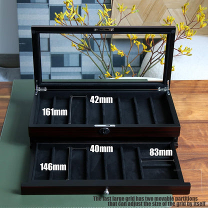 Knife Display Case for 8 Pocket Knives - Pocket Knife Case Storage Box for Men's Gift - Knife Cases for Collections with Ebony Finish and Glass Window Top
