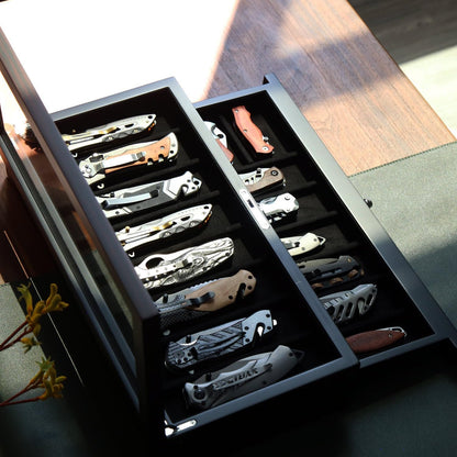 Knife Display Case for 8 Pocket Knives - Pocket Knife Case Storage Box for Men's Gift - Knife Cases for Collections with Ebony Finish and Glass Window Top