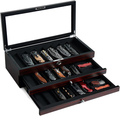 Knife Display Case for 8 Pocket Knives - Pocket Knife Case Storage Box for Men's Gift - Knife Cases for Collections with Ebony Finish and Glass Window Top