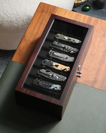 Knife Display Case for 8 Pocket Knives - Pocket Knife Case Storage Box for Men's Gift - Knife Cases for Collections with Ebony Finish and Glass Window Top