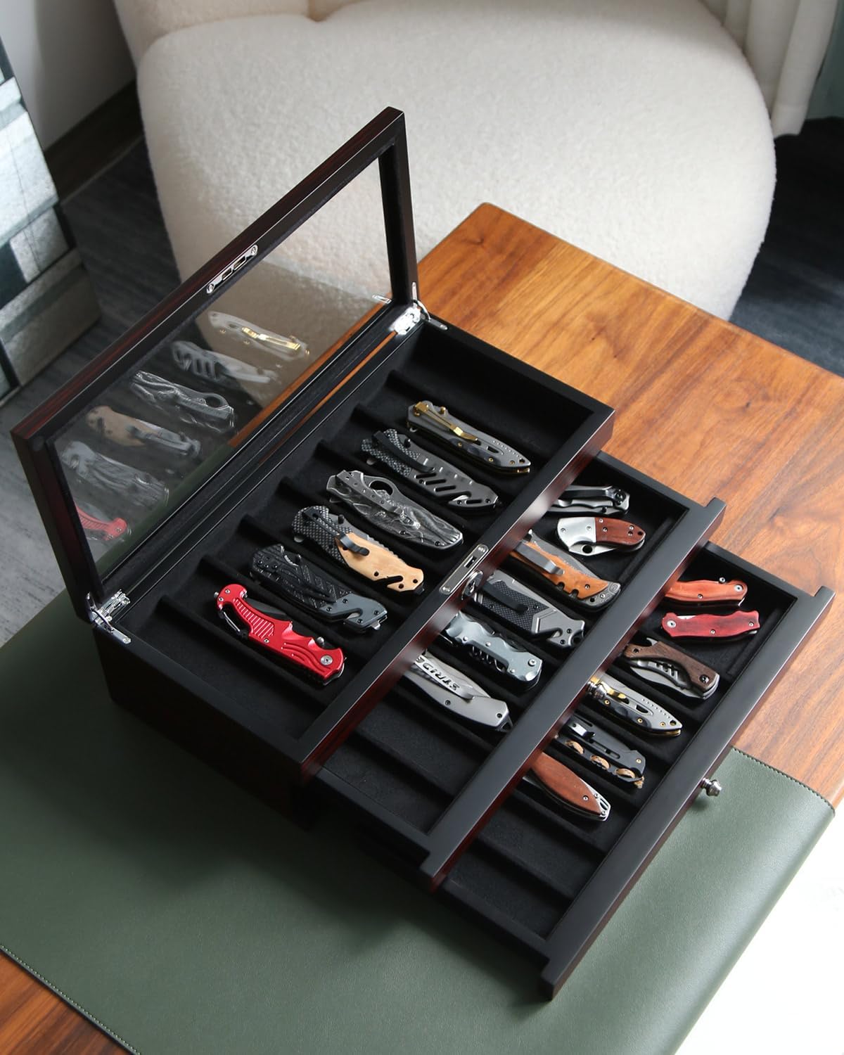 Knife Display Case for 8 Pocket Knives - Pocket Knife Case Storage Box for Men's Gift - Knife Cases for Collections with Ebony Finish and Glass Window Top