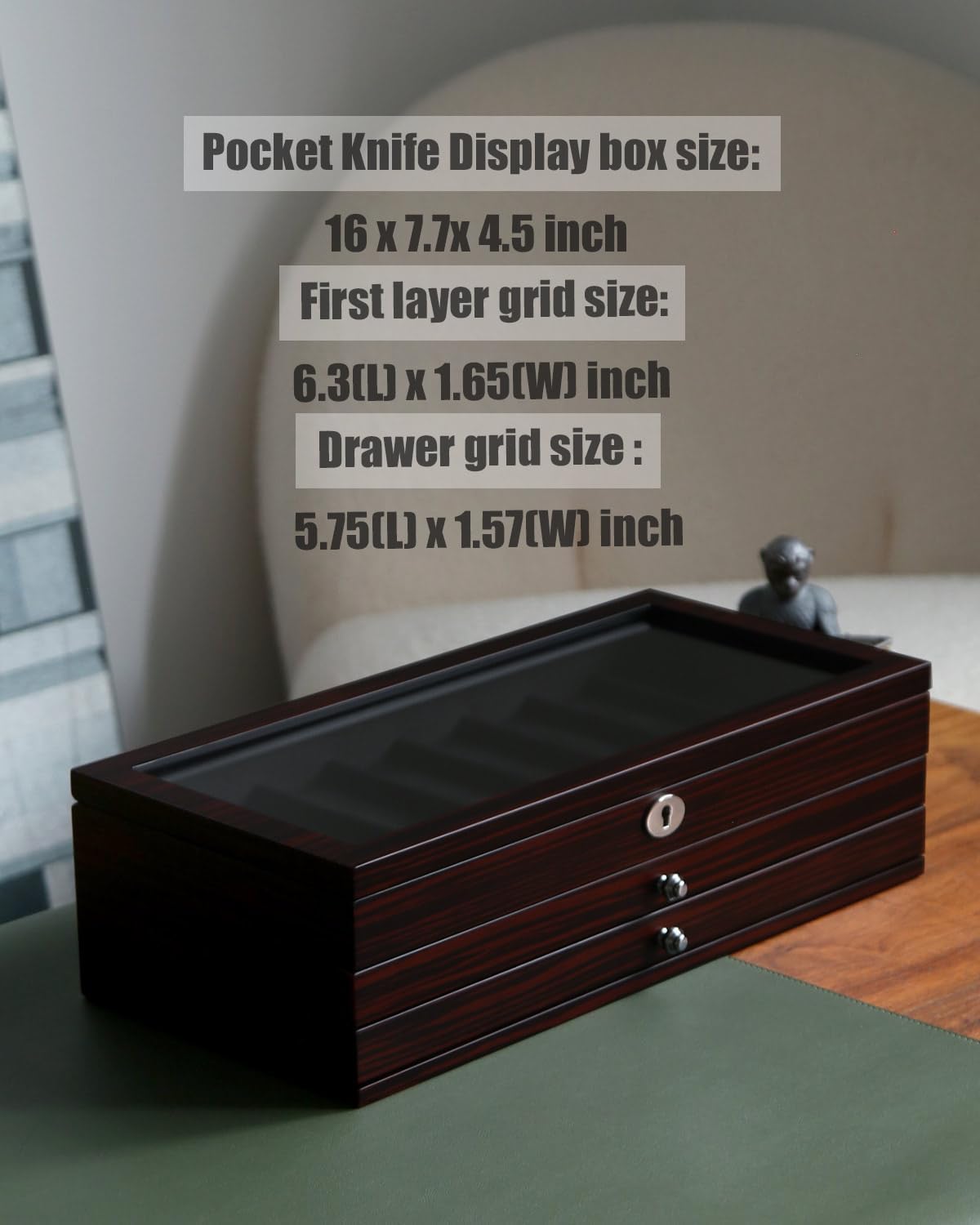 Knife Display Case for 8 Pocket Knives - Pocket Knife Case Storage Box for Men's Gift - Knife Cases for Collections with Ebony Finish and Glass Window Top