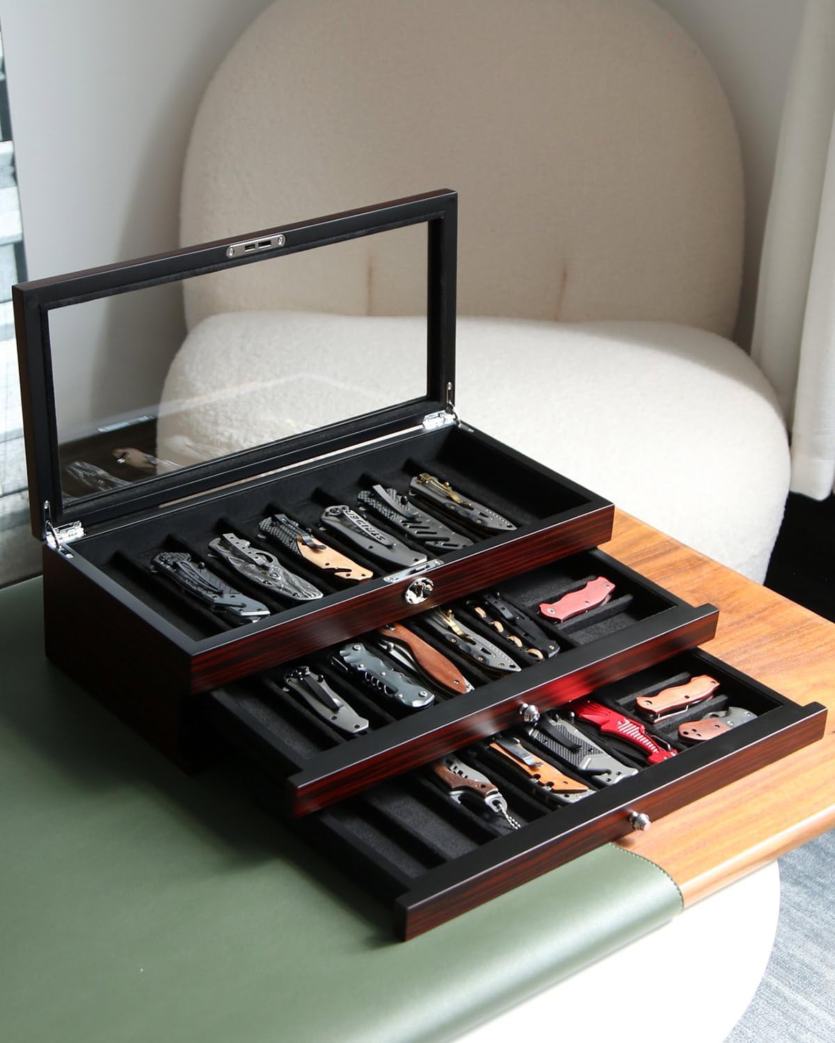 Knife Display Case for 8 Pocket Knives - Pocket Knife Case Storage Box for Men's Gift - Knife Cases for Collections with Ebony Finish and Glass Window Top