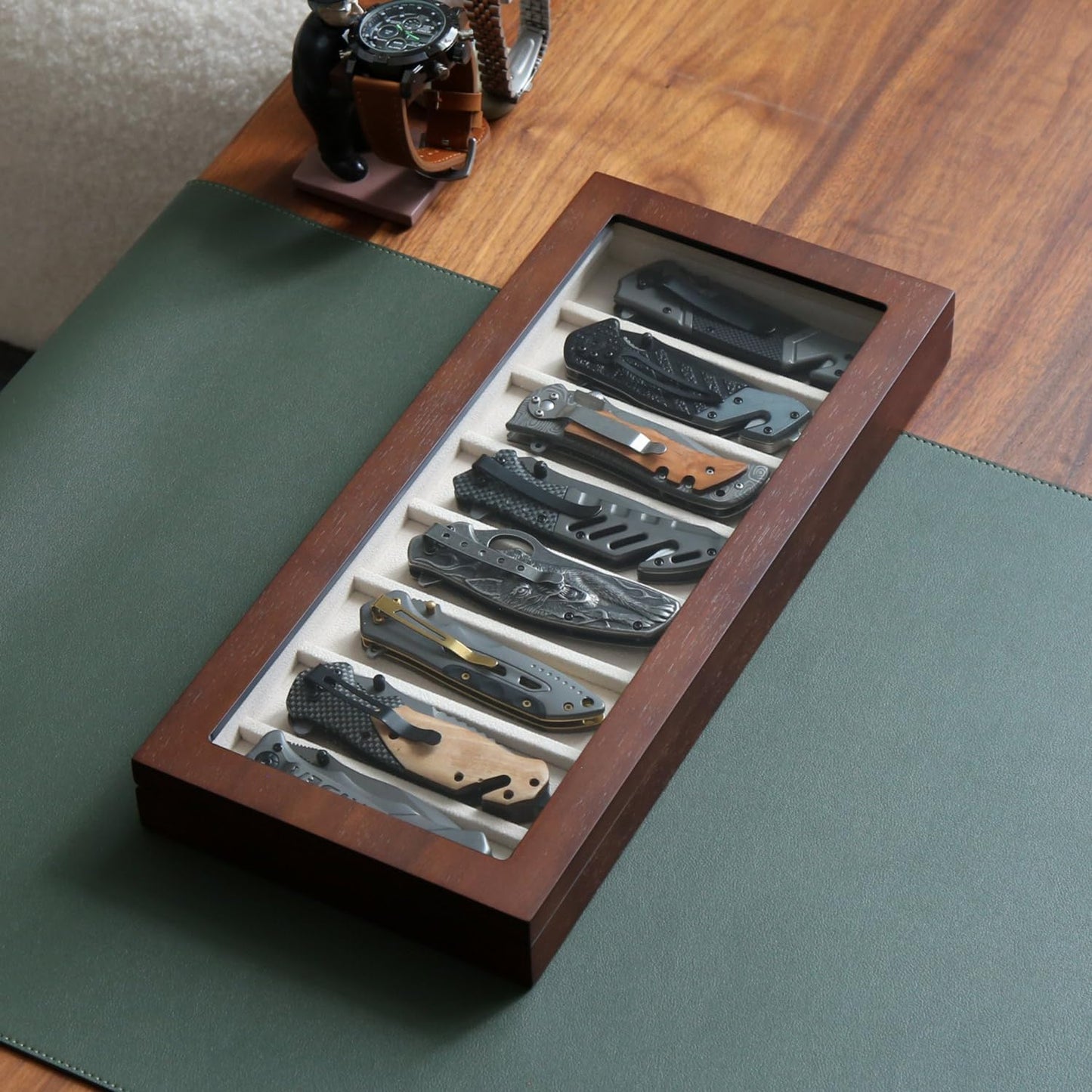 Knife Display Case for 8 Pocket Knives - Pocket Knife Case Storage Box for Men's Gift - Knife Cases for Collections with Ebony Finish and Glass Window Top