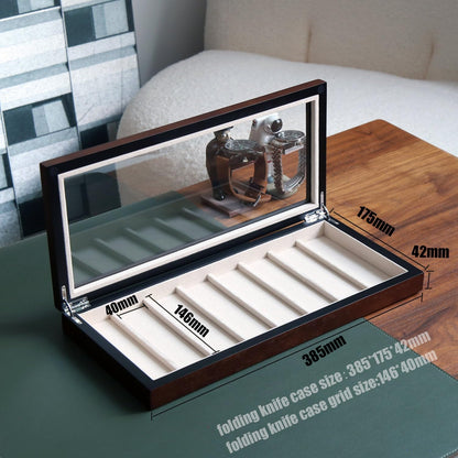 Knife Display Case for 8 Pocket Knives - Pocket Knife Case Storage Box for Men's Gift - Knife Cases for Collections with Ebony Finish and Glass Window Top