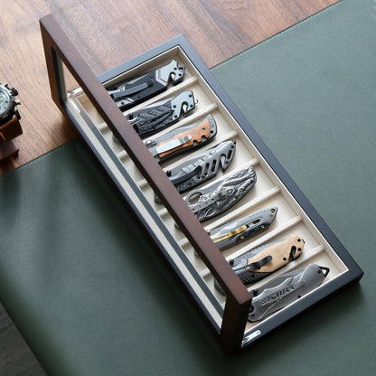 Knife Display Case for 8 Pocket Knives - Pocket Knife Case Storage Box for Men's Gift - Knife Cases for Collections with Ebony Finish and Glass Window Top