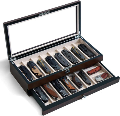 Knife Display Case for 8 Pocket Knives - Pocket Knife Case Storage Box for Men's Gift - Knife Cases for Collections with Ebony Finish and Glass Window Top