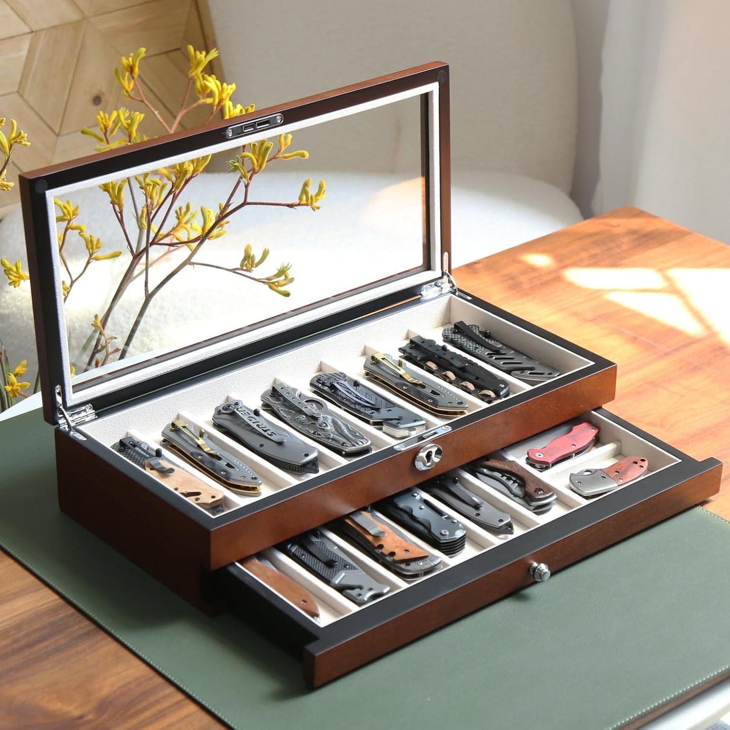 Knife Display Case for 8 Pocket Knives - Pocket Knife Case Storage Box for Men's Gift - Knife Cases for Collections with Ebony Finish and Glass Window Top