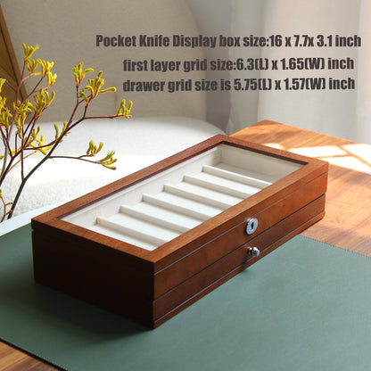 Knife Display Case for 8 Pocket Knives - Pocket Knife Case Storage Box for Men's Gift - Knife Cases for Collections with Ebony Finish and Glass Window Top