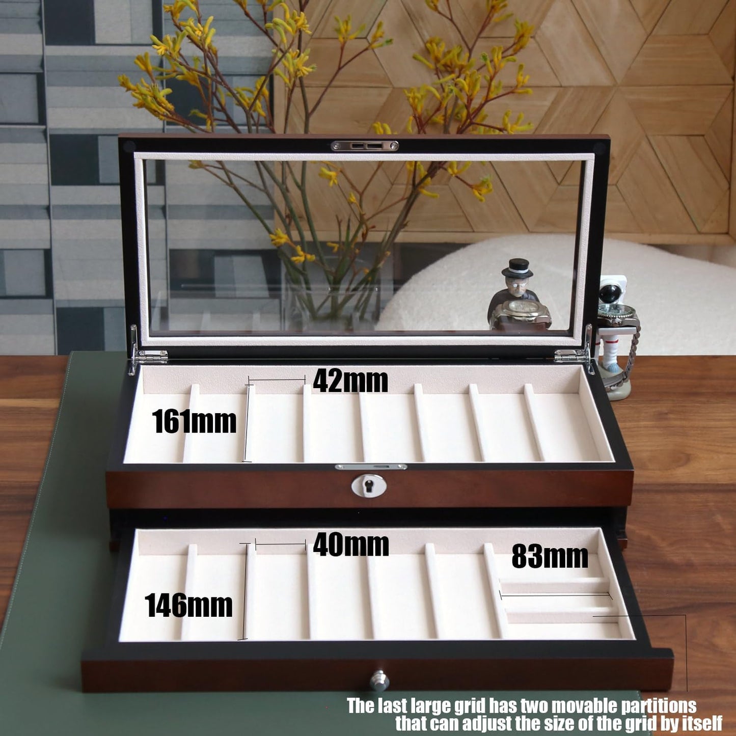 Knife Display Case for 8 Pocket Knives - Pocket Knife Case Storage Box for Men's Gift - Knife Cases for Collections with Ebony Finish and Glass Window Top
