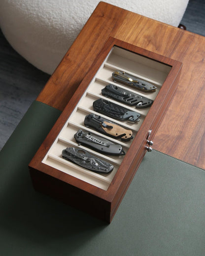 Knife Display Case for 8 Pocket Knives - Pocket Knife Case Storage Box for Men's Gift - Knife Cases for Collections with Ebony Finish and Glass Window Top