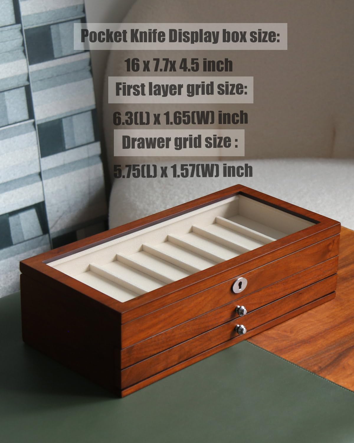 Knife Display Case for 8 Pocket Knives - Pocket Knife Case Storage Box for Men's Gift - Knife Cases for Collections with Ebony Finish and Glass Window Top