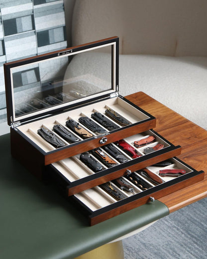 Knife Display Case for 8 Pocket Knives - Pocket Knife Case Storage Box for Men's Gift - Knife Cases for Collections with Ebony Finish and Glass Window Top