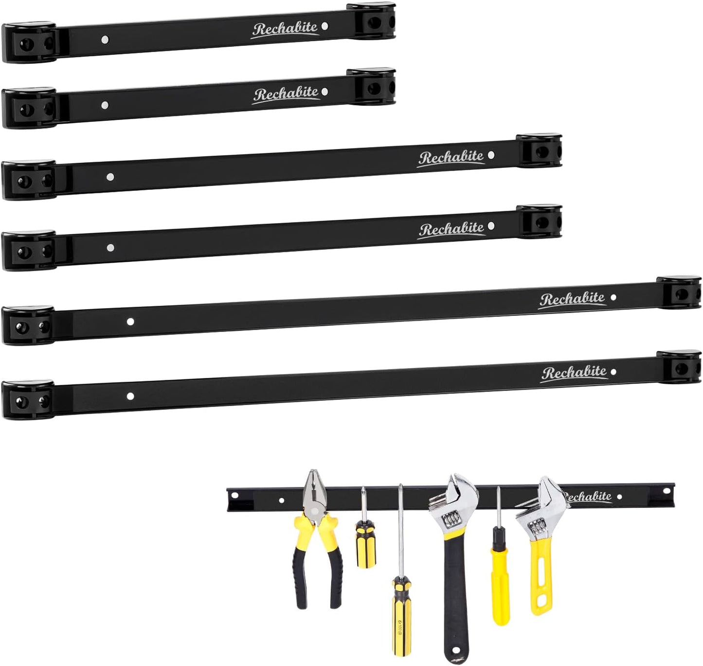 6 Pieces 12" Magnetic Tool Holder Strip, Black Magnet Bar, Metal Tool Organizer Rack for Garage Organization, Easy To Install in Workshop, Mounting Screws Included