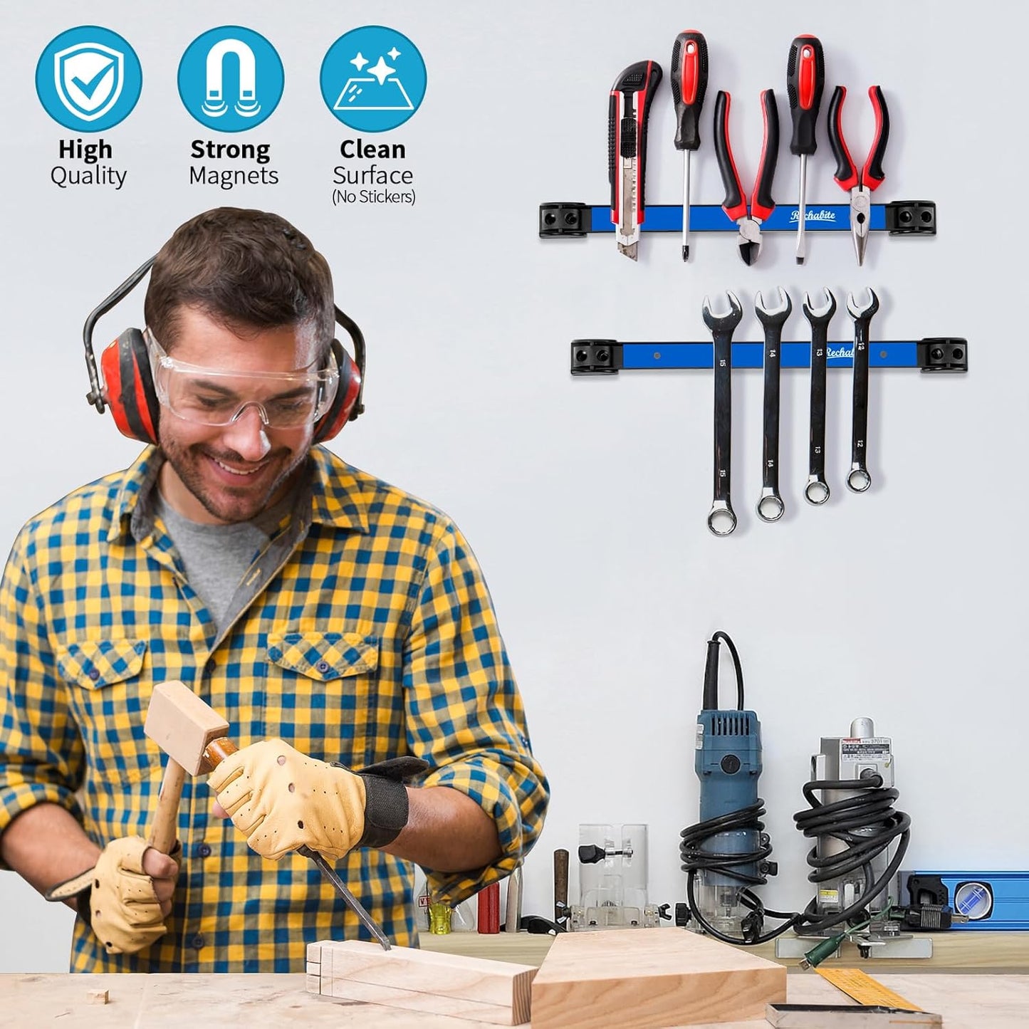 6 Pieces 12" Magnetic Tool Holder Strip, Black Magnet Bar, Metal Tool Organizer Rack for Garage Organization, Easy To Install in Workshop, Mounting Screws Included