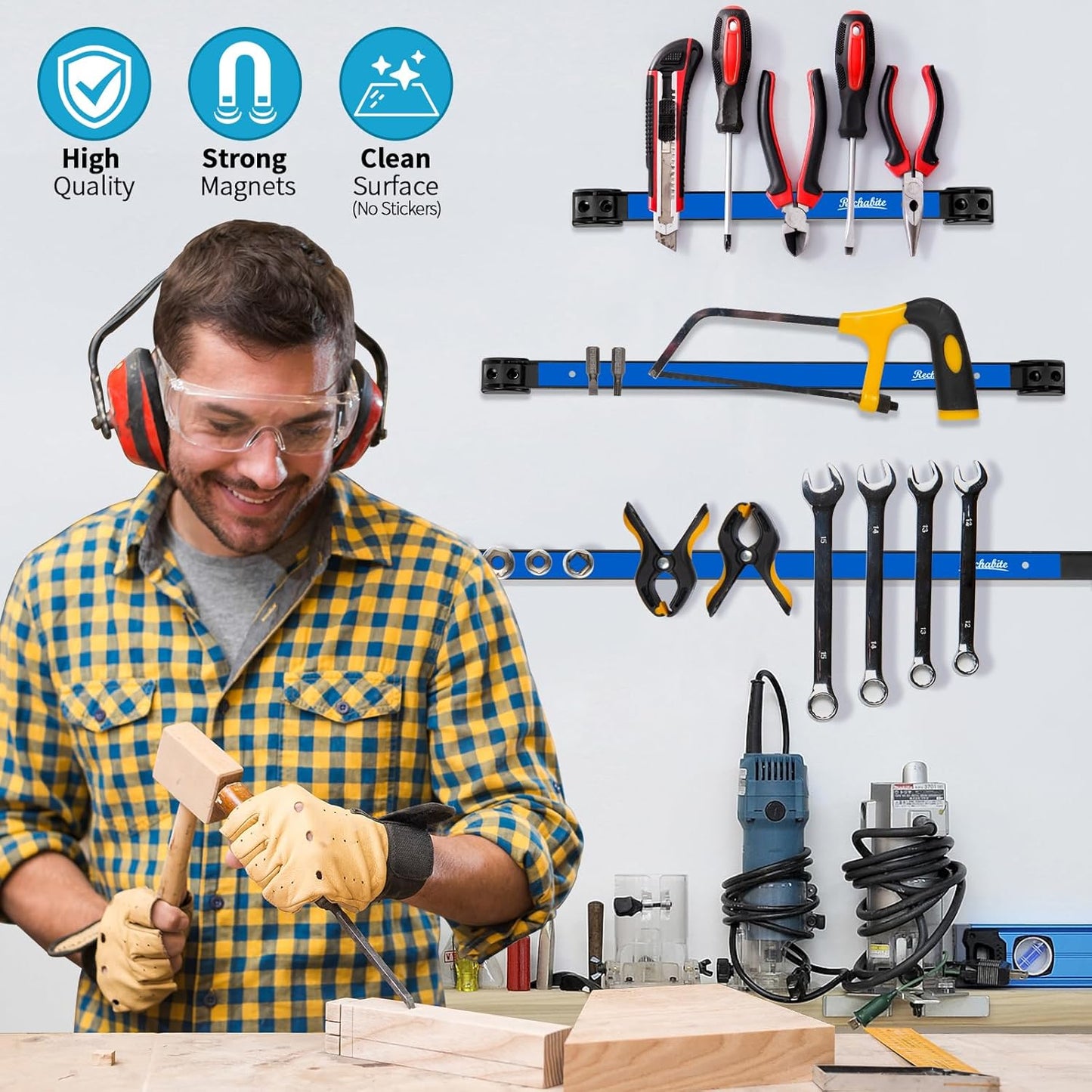 6 Pieces 12" Magnetic Tool Holder Strip, Black Magnet Bar, Metal Tool Organizer Rack for Garage Organization, Easy To Install in Workshop, Mounting Screws Included