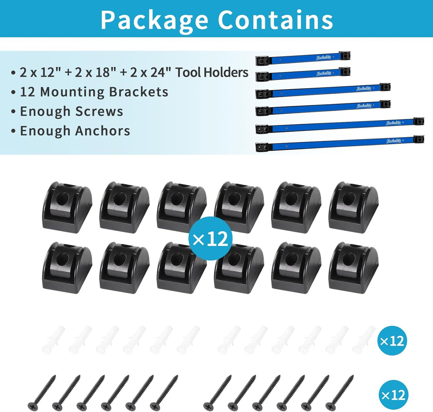 6 Pieces 12" Magnetic Tool Holder Strip, Black Magnet Bar, Metal Tool Organizer Rack for Garage Organization, Easy To Install in Workshop, Mounting Screws Included
