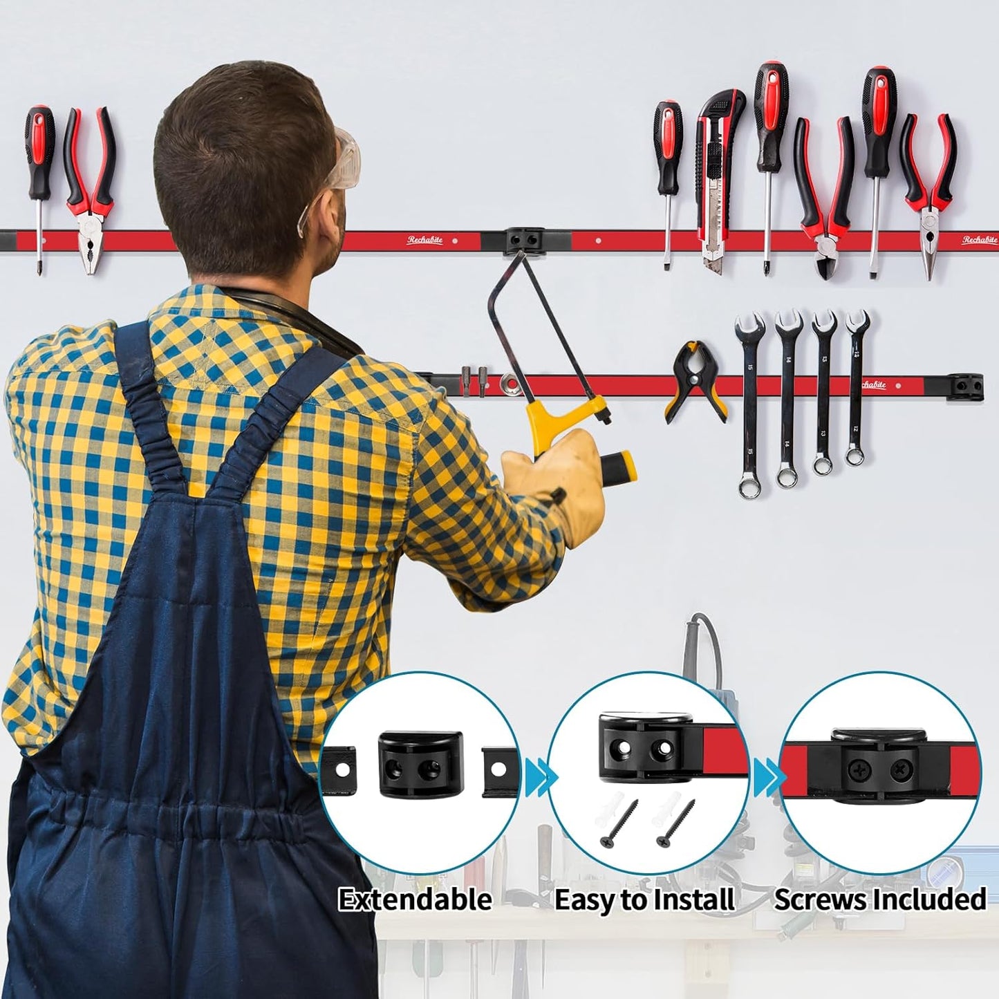 6 Pieces 12" Magnetic Tool Holder Strip, Black Magnet Bar, Metal Tool Organizer Rack for Garage Organization, Easy To Install in Workshop, Mounting Screws Included