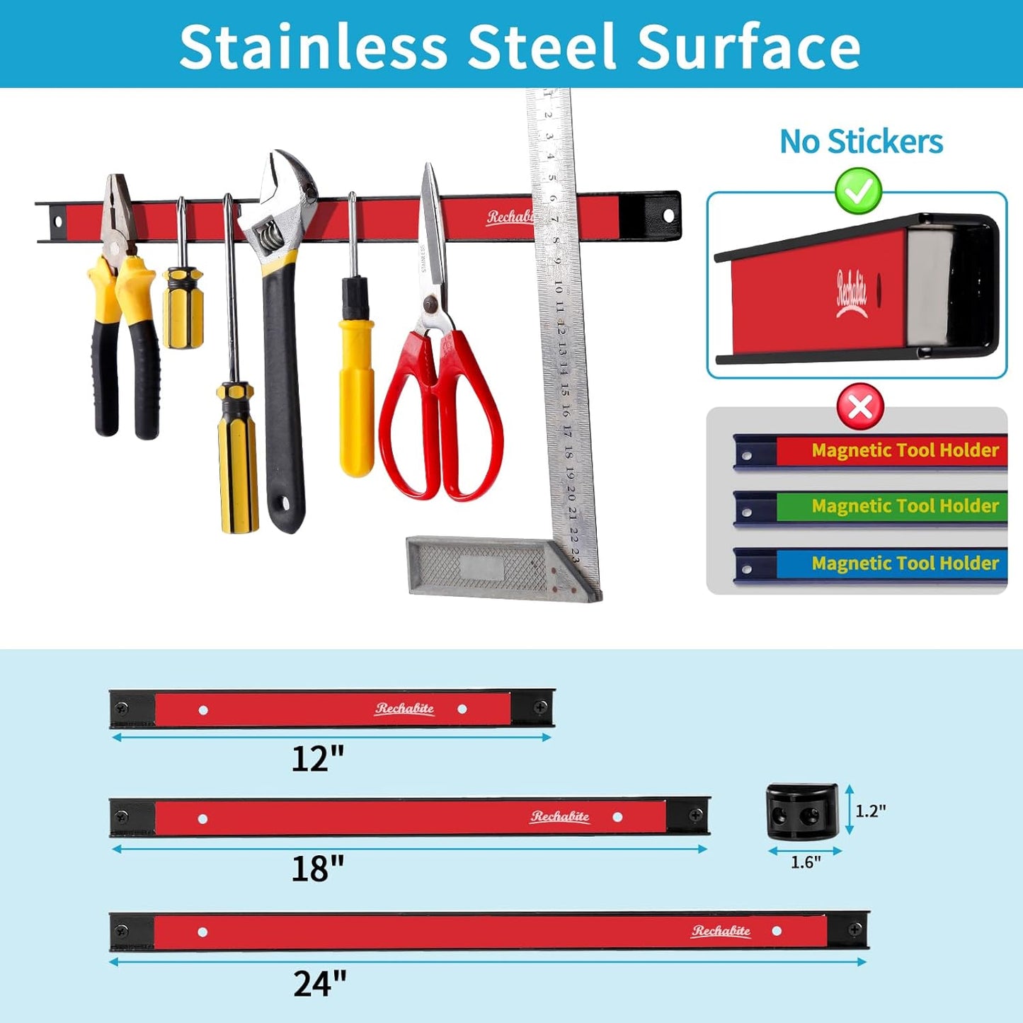 6 Pieces 12" Magnetic Tool Holder Strip, Black Magnet Bar, Metal Tool Organizer Rack for Garage Organization, Easy To Install in Workshop, Mounting Screws Included