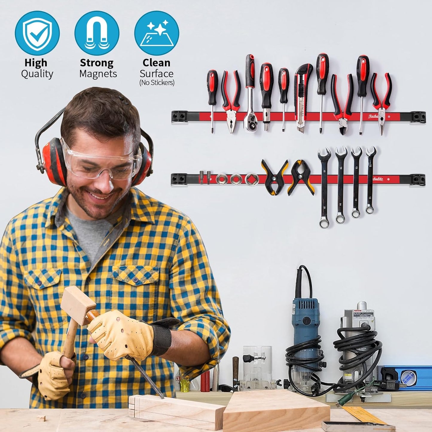 6 Pieces 12" Magnetic Tool Holder Strip, Black Magnet Bar, Metal Tool Organizer Rack for Garage Organization, Easy To Install in Workshop, Mounting Screws Included