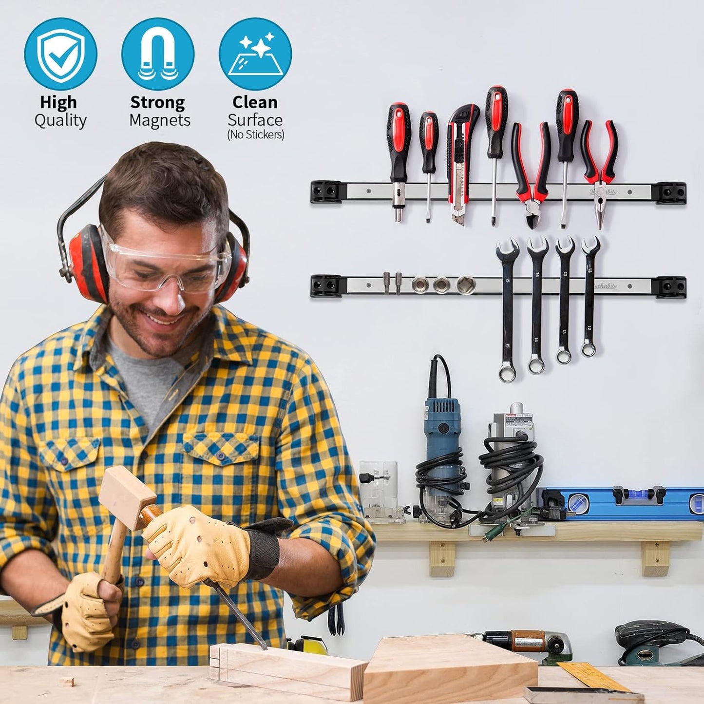 6 Pieces 12" Magnetic Tool Holder Strip, Black Magnet Bar, Metal Tool Organizer Rack for Garage Organization, Easy To Install in Workshop, Mounting Screws Included