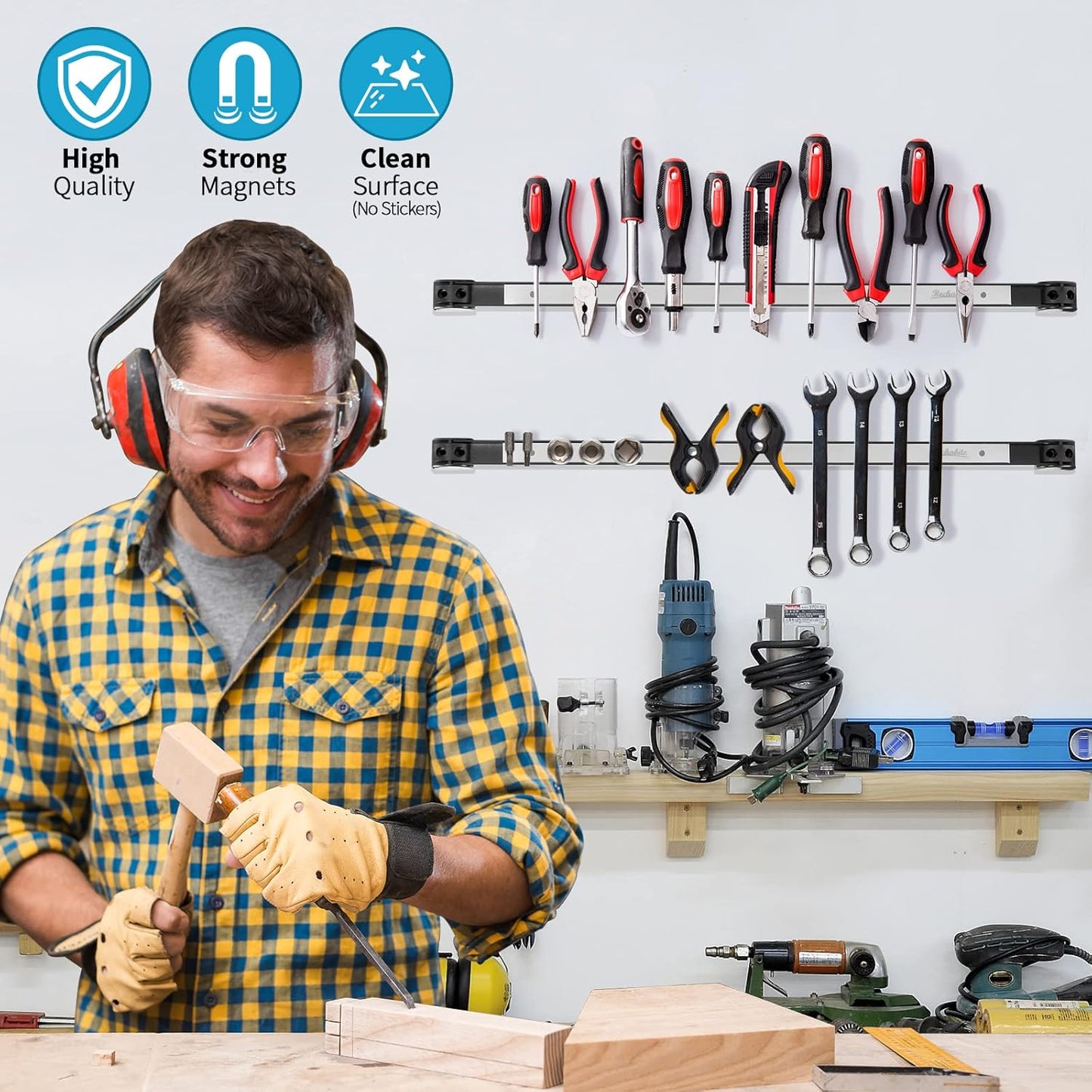 6 Pieces 12" Magnetic Tool Holder Strip, Black Magnet Bar, Metal Tool Organizer Rack for Garage Organization, Easy To Install in Workshop, Mounting Screws Included
