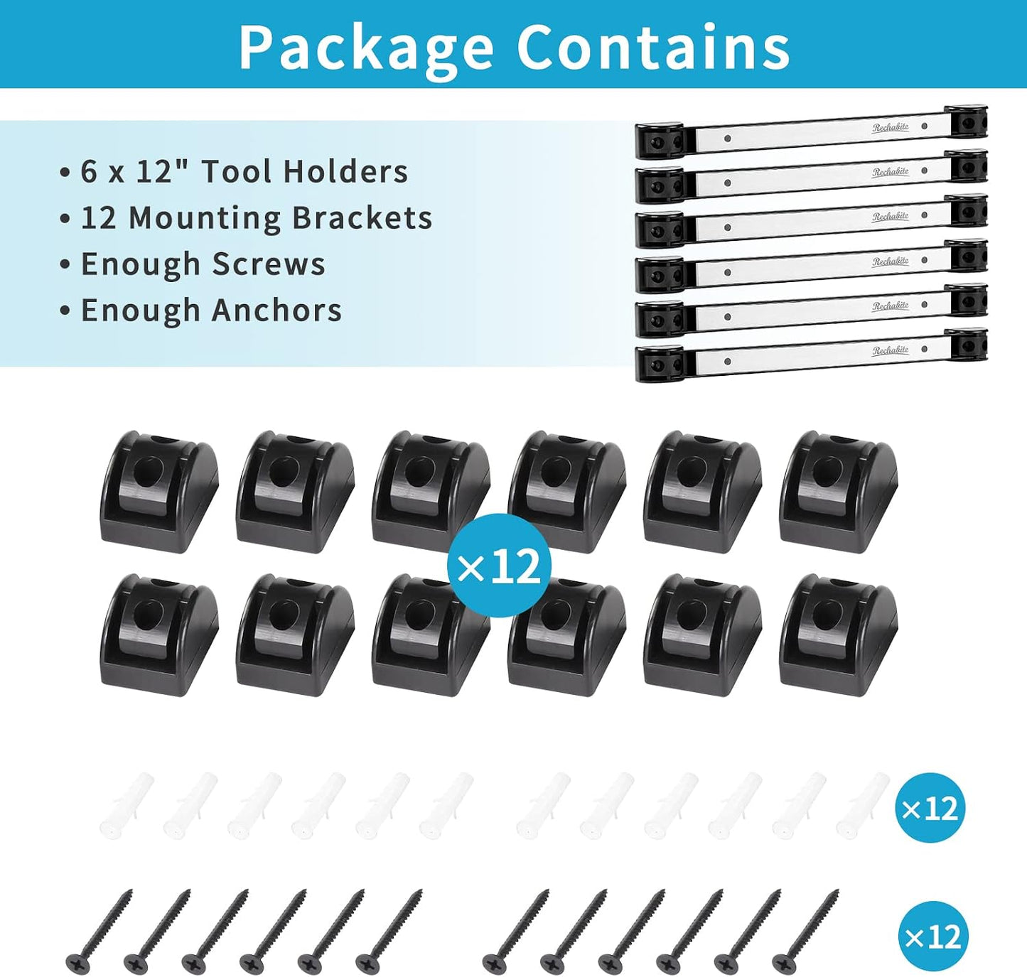 6 Pieces 12" Magnetic Tool Holder Strip, Black Magnet Bar, Metal Tool Organizer Rack for Garage Organization, Easy To Install in Workshop, Mounting Screws Included