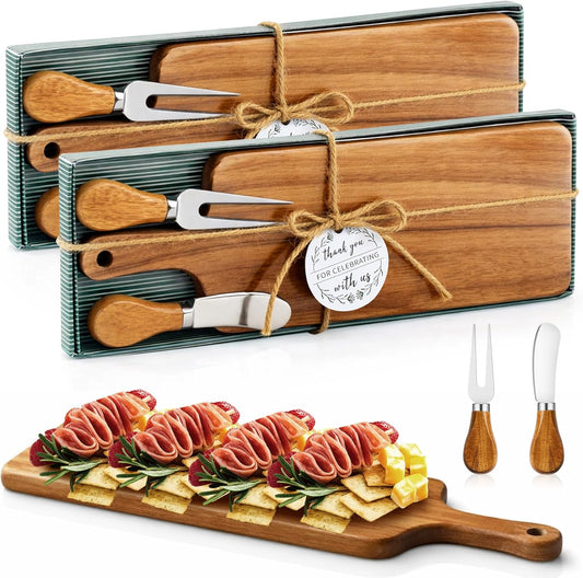2 Sets Bridal Baby Shower Prizes Wooden Square Cheese Board Gift Set Knives Forks Thank You Tags with Box for Guests for Bridal Baby Shower Wedding Housewarming (Acacia Color)