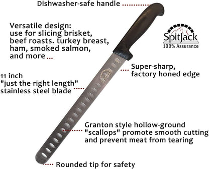 Smoked Brisket Slicing Knife, 11 Inch Stainless Granton Edge | Meat carving and slicing knife for smoked brisket, turkey, ham, and roasts, with Granton edge to help reduce sticking.
