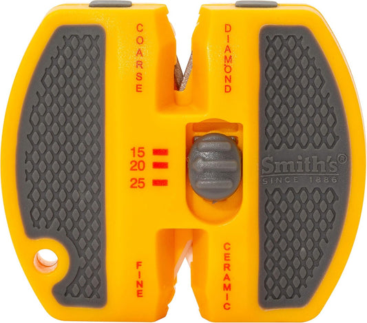 Smith’s 50917 Adjustable 2-Step Knife Sharpener – Yellow - Preset Coarse & Fine Slots - Outdoor Handheld Knife Sharpener - Fishing, Hunting, Fillet, Pocket Knives - Portable Compact Keychain Tool
