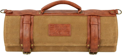 Seido 18-Slot Knife Roll Bag, Canvas Chef Case with PU Leather | Holds chef knives, utensils, and cleavers in a heavy-duty roll for travel, storage, and culinary work
