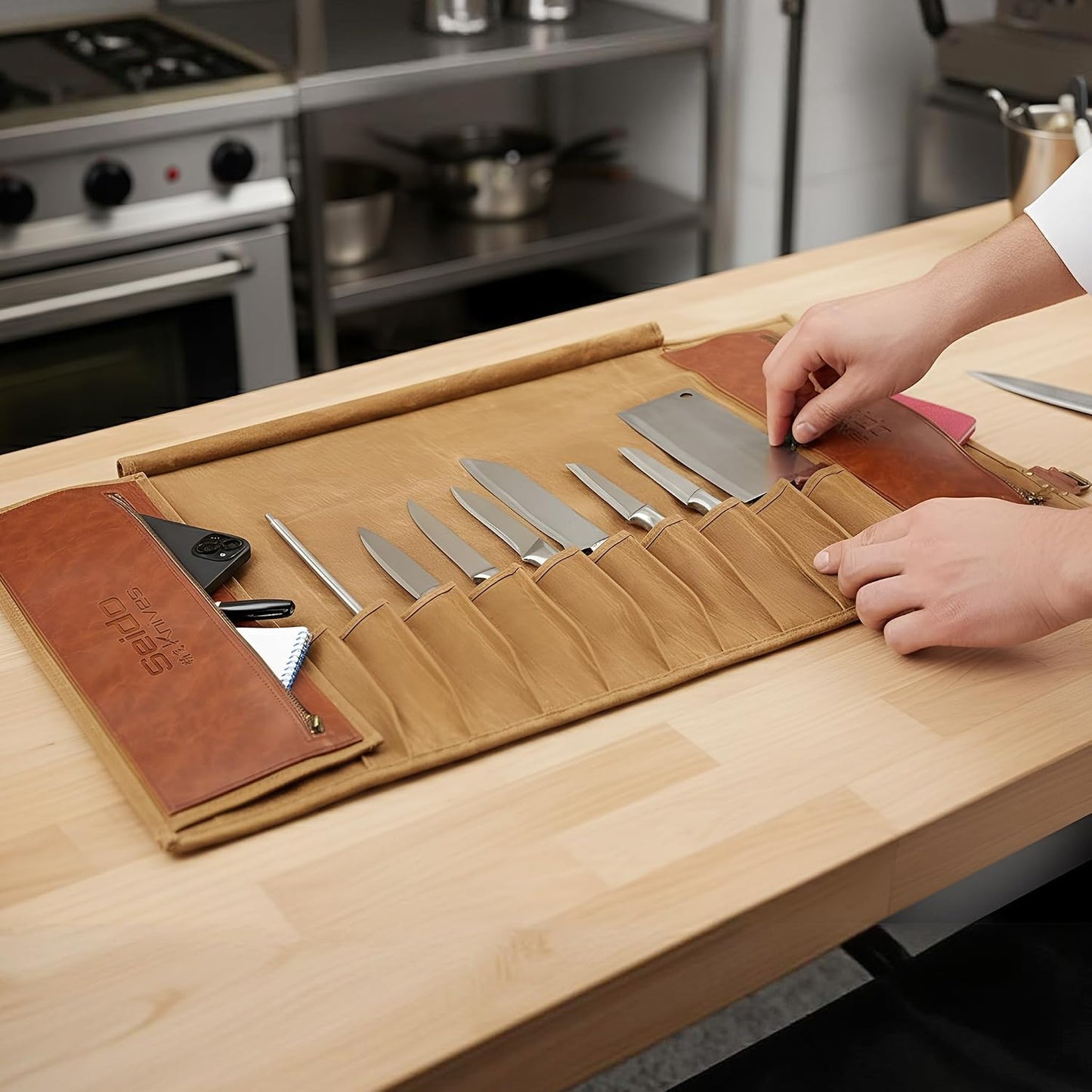 Seido 18-Slot Knife Roll Bag, Canvas Chef Case with PU Leather | Holds chef knives, utensils, and cleavers in a heavy-duty roll for travel, storage, and culinary work