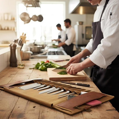 Seido 18-Slot Knife Roll Bag, Canvas Chef Case with PU Leather | Holds chef knives, utensils, and cleavers in a heavy-duty roll for travel, storage, and culinary work