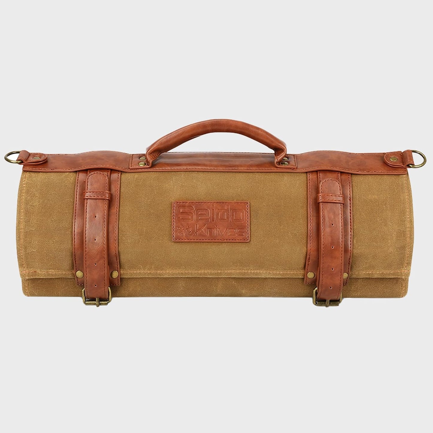 Seido 18-Slot Knife Roll Bag, Canvas Chef Case with PU Leather | Holds chef knives, utensils, and cleavers in a heavy-duty roll for travel, storage, and culinary work