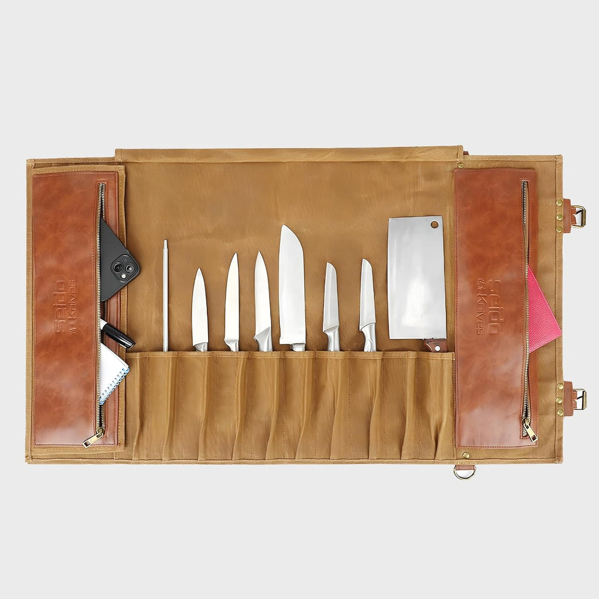 Seido 18-Slot Knife Roll Bag, Canvas Chef Case with PU Leather | Holds chef knives, utensils, and cleavers in a heavy-duty roll for travel, storage, and culinary work
