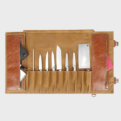 Seido 18-Slot Knife Roll Bag, Canvas Chef Case with PU Leather | Holds chef knives, utensils, and cleavers in a heavy-duty roll for travel, storage, and culinary work