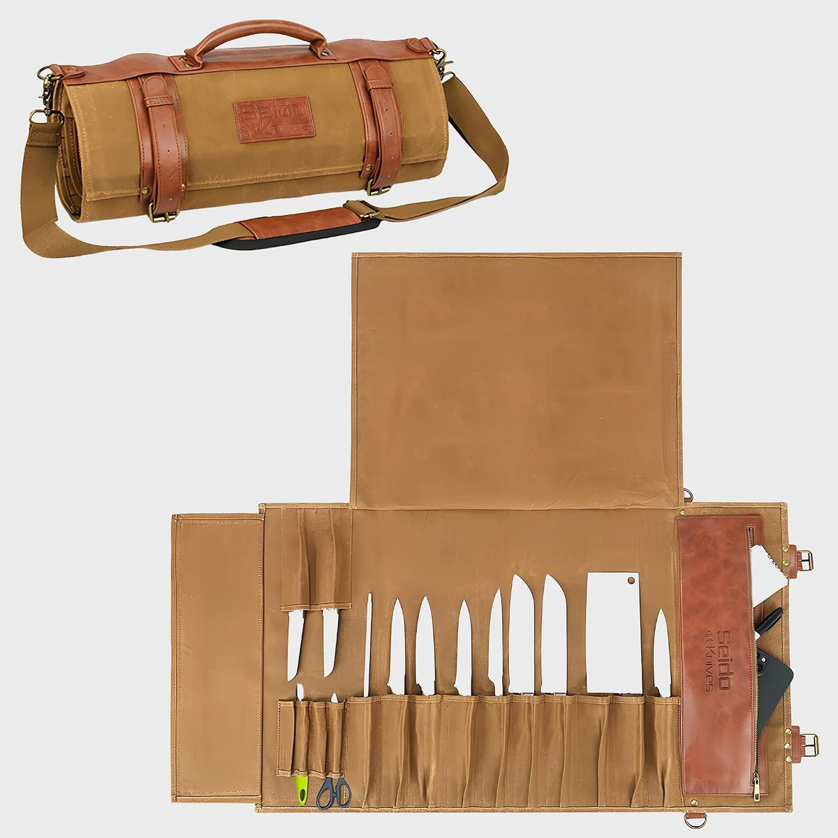 Seido 18-Slot Knife Roll Bag, Canvas Chef Case with PU Leather | Holds chef knives, utensils, and cleavers in a heavy-duty roll for travel, storage, and culinary work