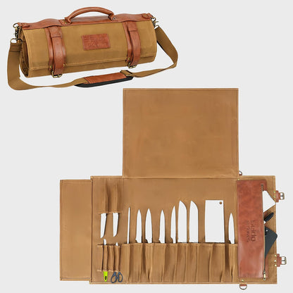 Seido 18-Slot Knife Roll Bag, Canvas Chef Case with PU Leather | Holds chef knives, utensils, and cleavers in a heavy-duty roll for travel, storage, and culinary work
