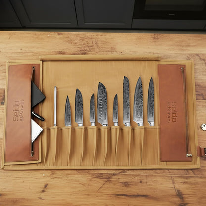 Seido 18-Slot Knife Roll Bag, Canvas Chef Case with PU Leather | Holds chef knives, utensils, and cleavers in a heavy-duty roll for travel, storage, and culinary work