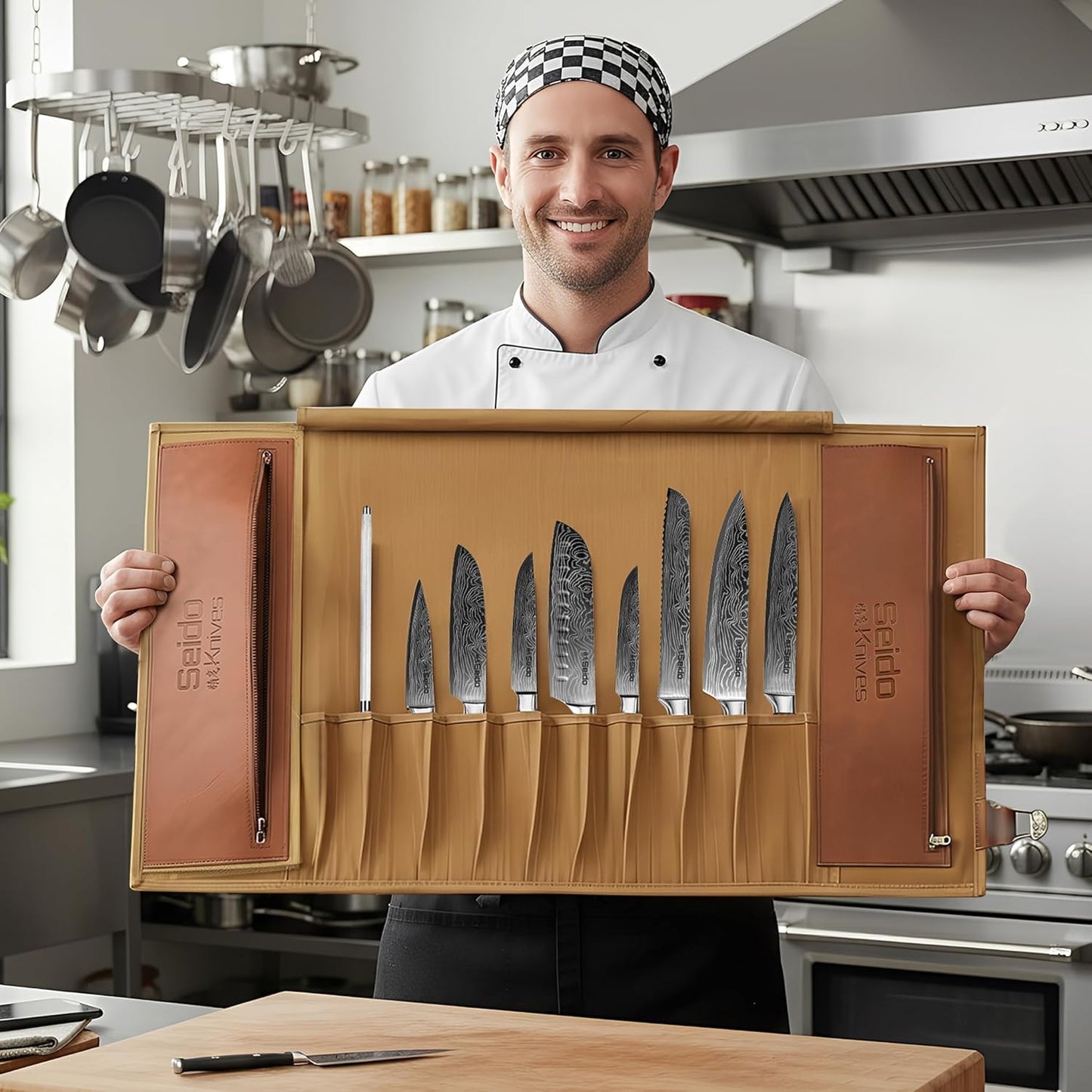 Seido 18-Slot Knife Roll Bag, Canvas Chef Case with PU Leather | Holds chef knives, utensils, and cleavers in a heavy-duty roll for travel, storage, and culinary work