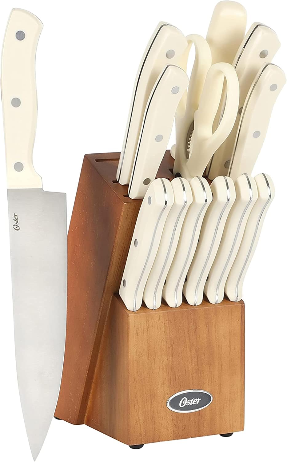 Evansville 14 Piece Cutlery Kitchen Knife Block Set, Stainless Steel w/Linen White Handles - Cuchillos Para Cocina