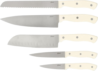 Evansville 14 Piece Cutlery Kitchen Knife Block Set, Stainless Steel w/Linen White Handles - Cuchillos Para Cocina