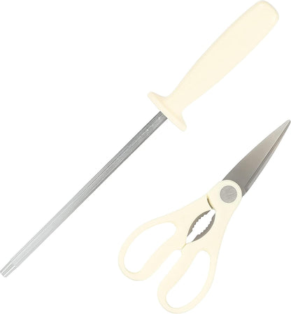 Evansville 14 Piece Cutlery Kitchen Knife Block Set, Stainless Steel w/Linen White Handles - Cuchillos Para Cocina