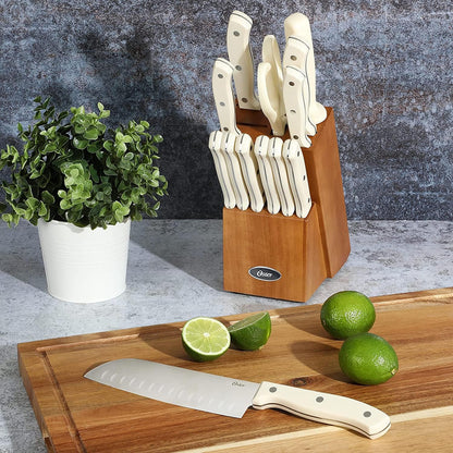 Evansville 14 Piece Cutlery Kitchen Knife Block Set, Stainless Steel w/Linen White Handles - Cuchillos Para Cocina