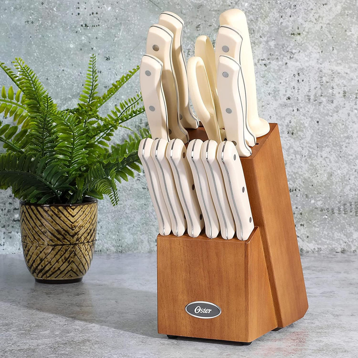Evansville 14 Piece Cutlery Kitchen Knife Block Set, Stainless Steel w/Linen White Handles - Cuchillos Para Cocina